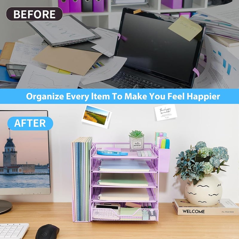 Gugsey Desk Organizer, 5-Tier Paper Letter Tray Organizer with File Holder, Drawer and Pen Holder, Desktop Organizer for Office Supplies, Purple - Image 4